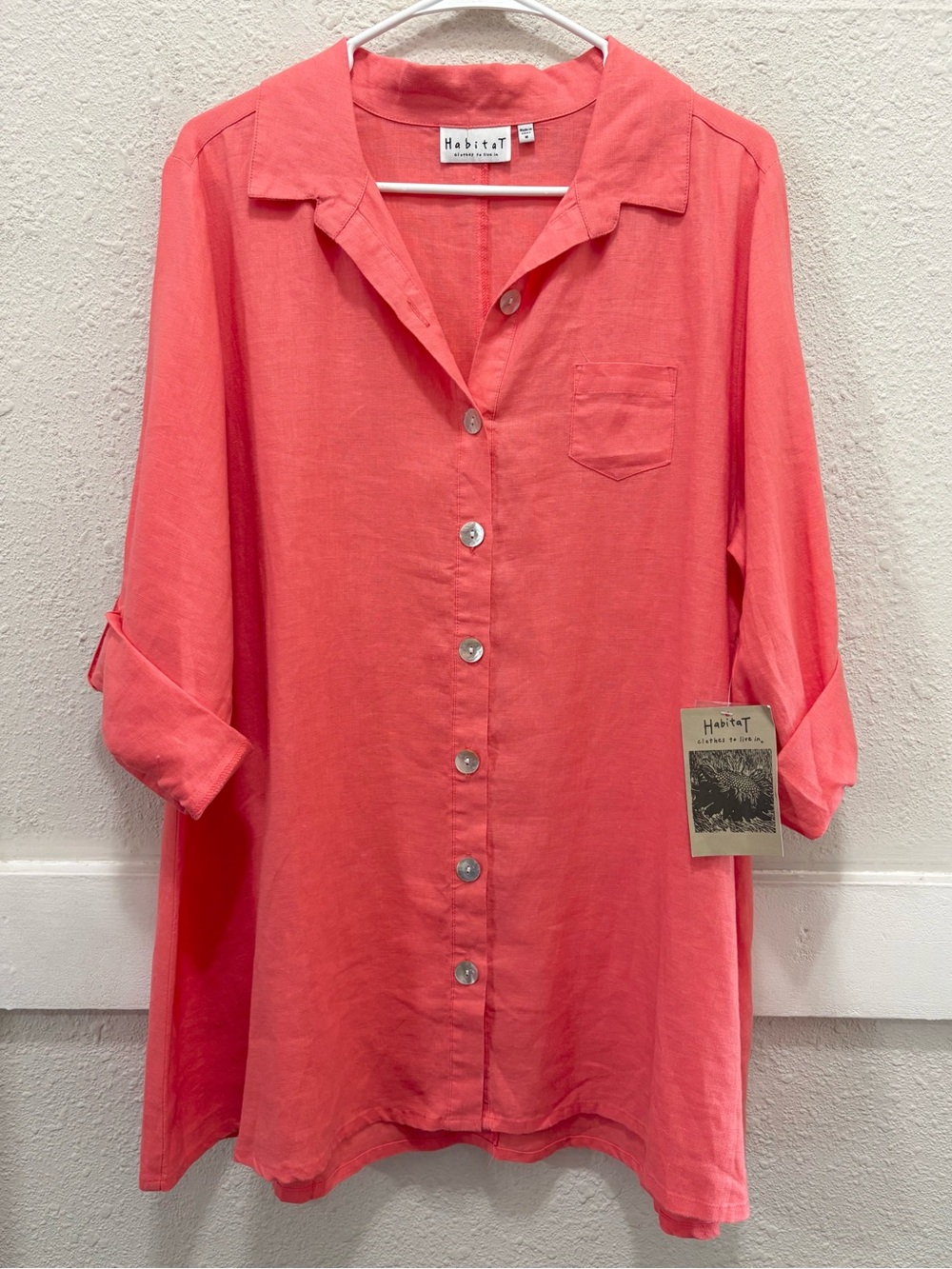 Habitat Linen Button Down Tunic Top in Coral NWT M